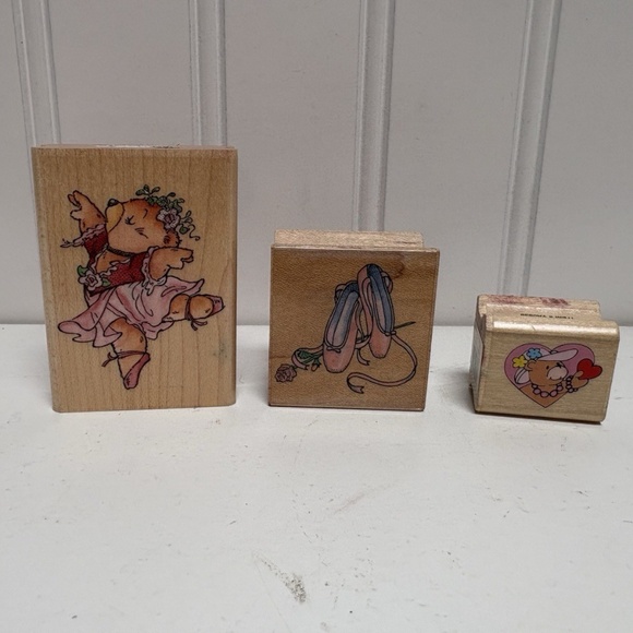 Vintage Y2K Wooden Rubber Stamp Lot Of 3 Ballet Dance Bear Ballerina - Picture 1 of 3